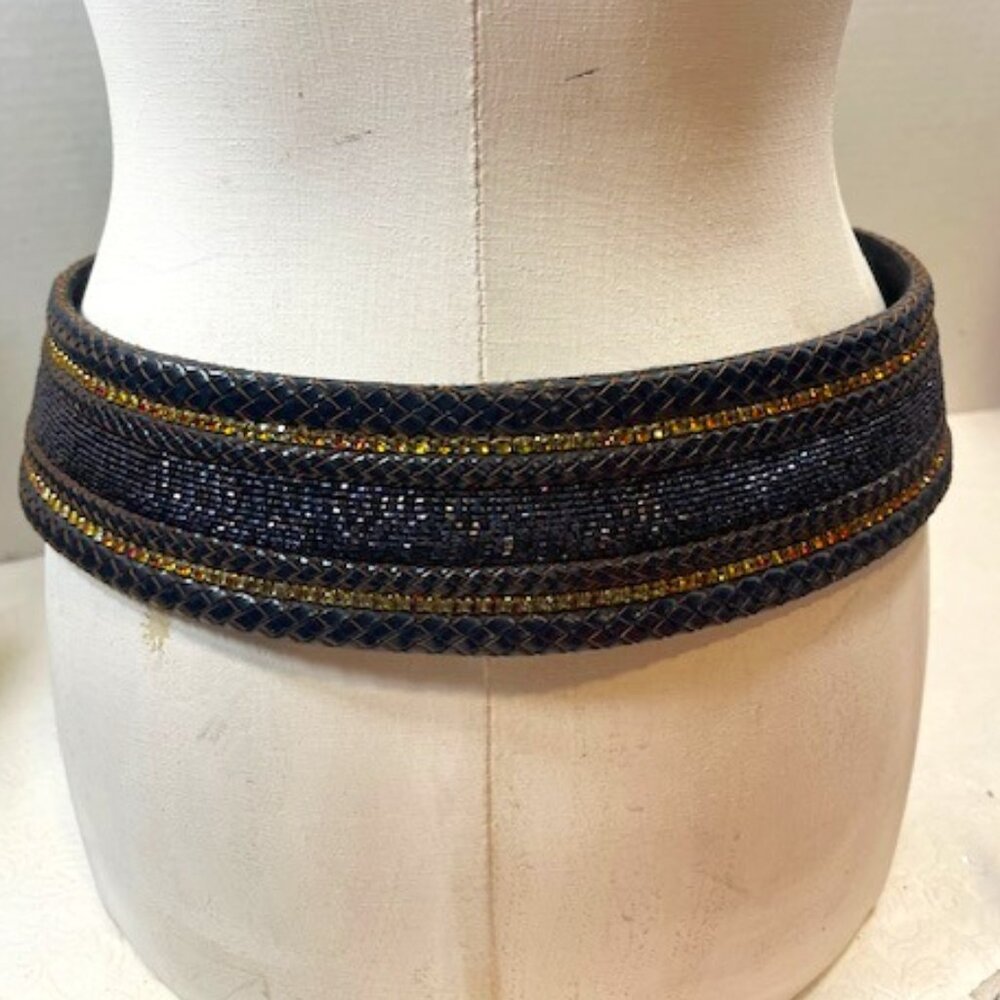 Barrera Beaded Rhinestones Wide Braided Leather BOHO Waist Belt Navy 30" - Picture 4 of 15